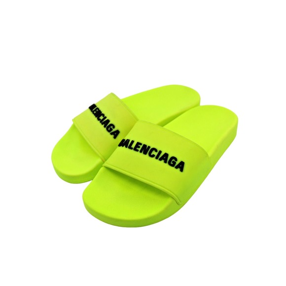 C0 Auth BALENCIAGA Logo Rubber Pool Slides Flip Flops Neon Green Womens US 6 - Picture 1 of 6